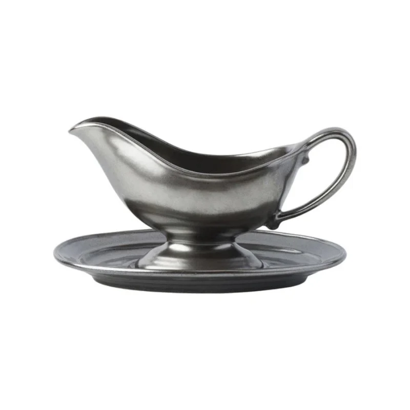 Juliska Pewter Stoneware Sauce Boat and Stand