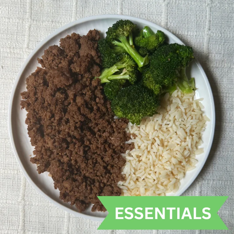 ESSENTIALS: Local Ground Beef, White Rice and Roasted Broccoli (GF)