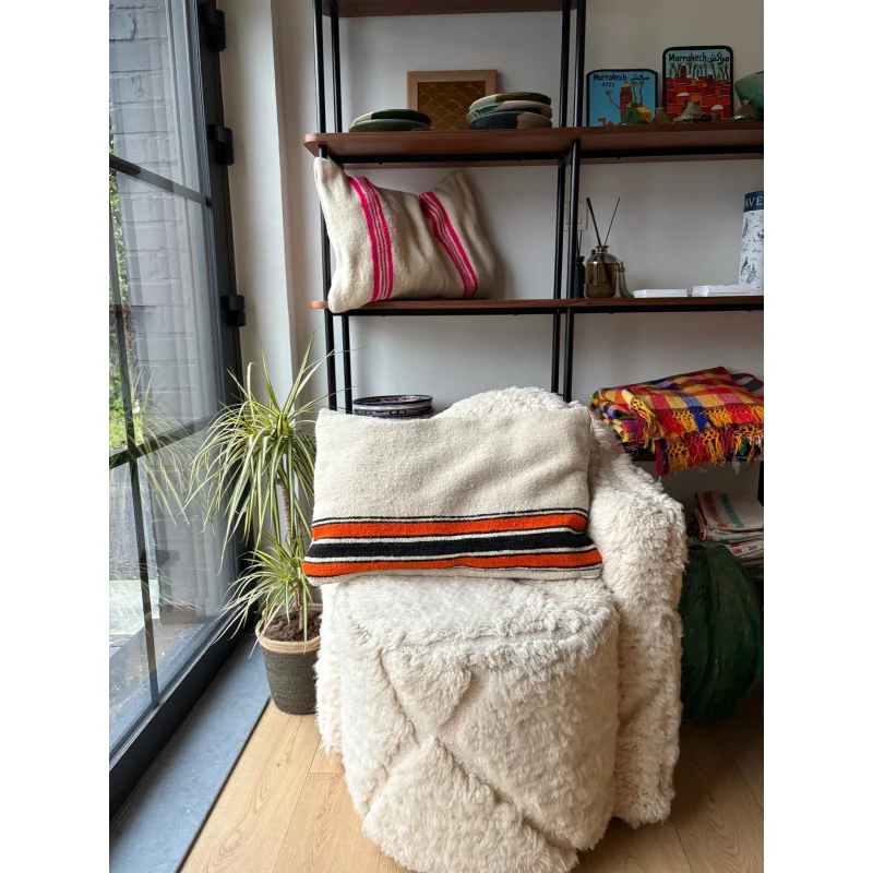Moroccan Wool Cushion White & Orange – 60x40cm