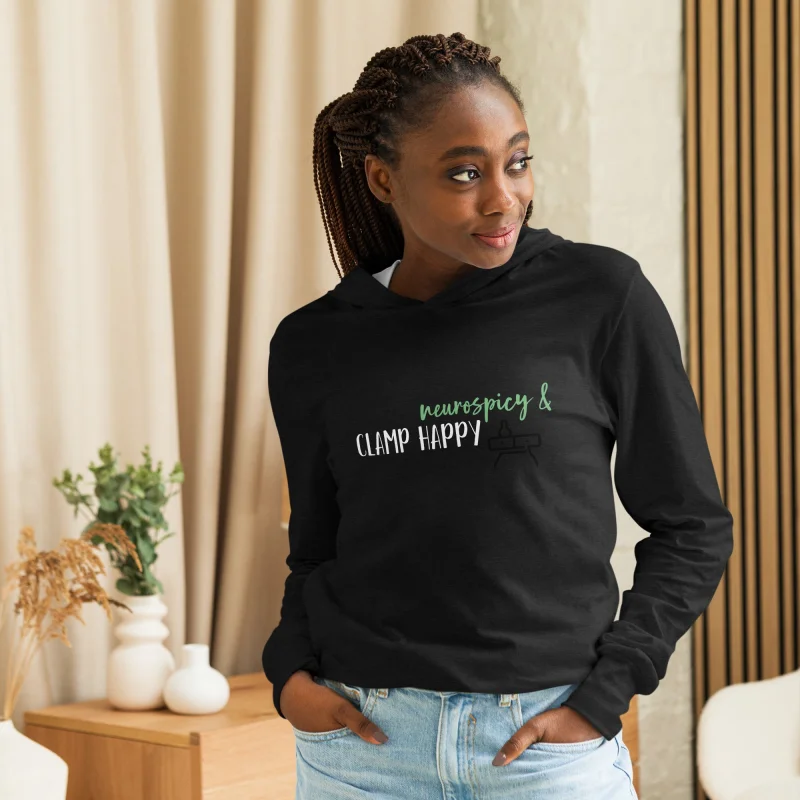 “Neurospicy & Clamp Happy” Hooded Long Sleeve Tee Charcoal-Black Triblend