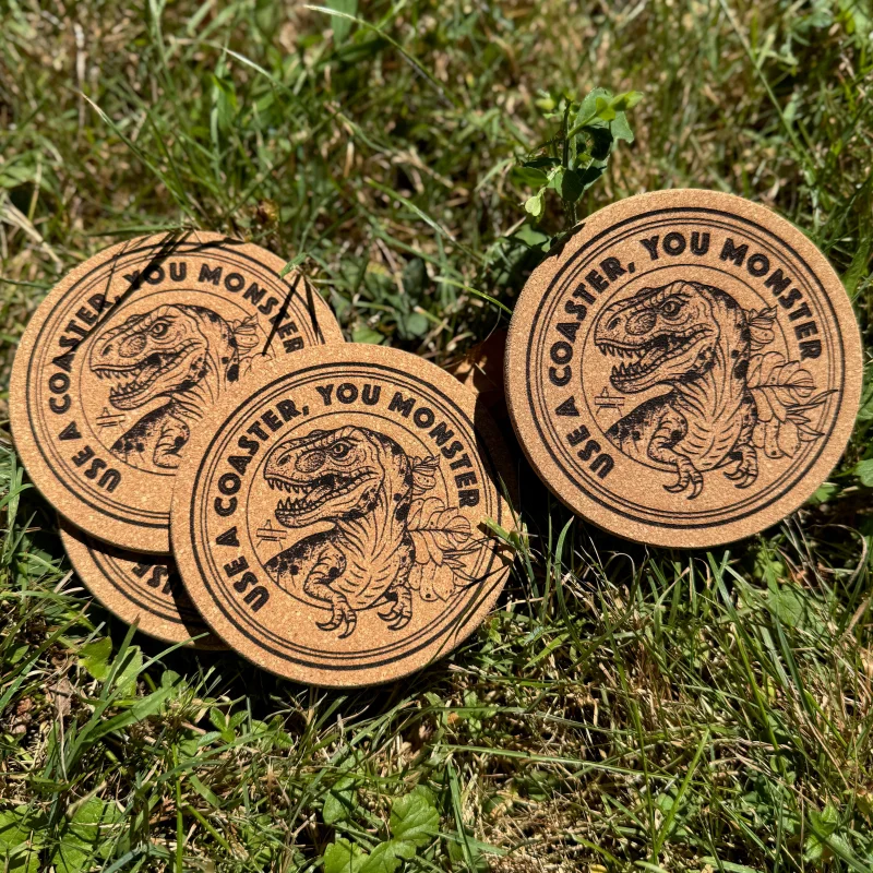 “USE A COASTER” Dino Round Thick Cork Set of 4